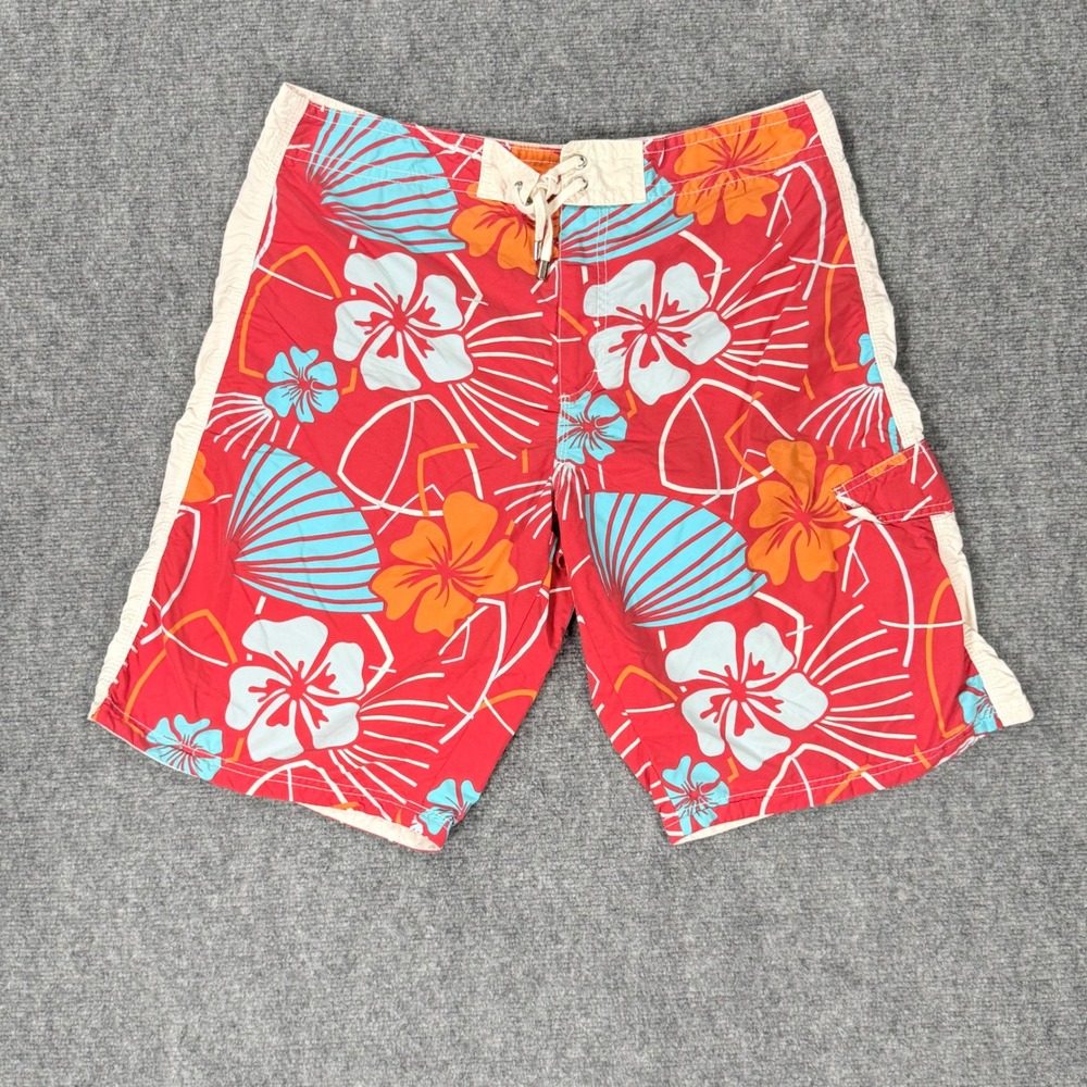 Faconnable Men's Large Red Hibiscus Floral Board Shorts Nylon Swim Trunks